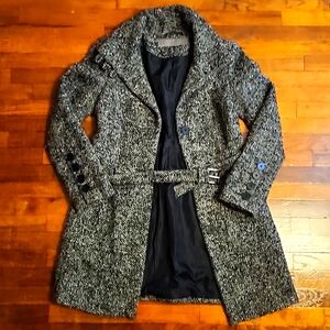 Zara Belted Wool Blend Grey and Black Belted Button Down Coat